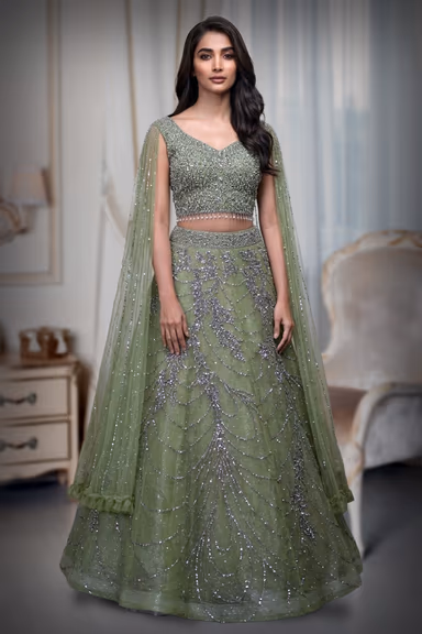 Olive Green Pre Wedding Lehenga With Net Extended Cape Sleeve — view 2 of 4