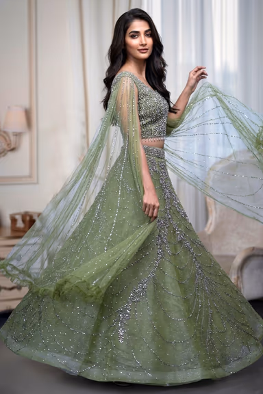 Olive Green Pre Wedding Lehenga With Net Extended Cape Sleeve — view 3 of 4