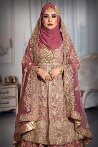 Elegant Onion Pink Arabic-Style Lehenga with Intricate Gold Embroidery, Skirt, and Dupatta — view 3 of 4