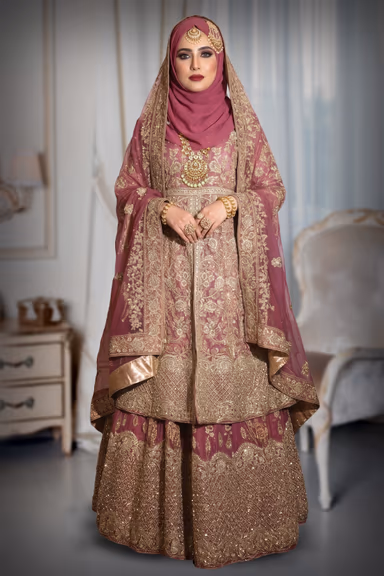 Elegant Onion Pink Arabic-Style Lehenga with Intricate Gold Embroidery, Skirt, and Dupatta — view 4 of 4