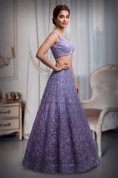 Opera Mauve Heavy Handworked Crop Top Lehenga Set With Inverted V Cut On Waistline — view 3 of 4