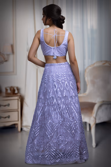 Opera Mauve Heavy Handworked Crop Top Lehenga Set With Inverted V Cut On Waistline — view 4 of 4