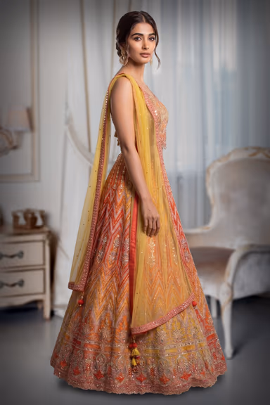 Orange And Yellow Ombre Shaded Lehenga With Heavy Embelishment Of Threadworks — view 3 of 4
