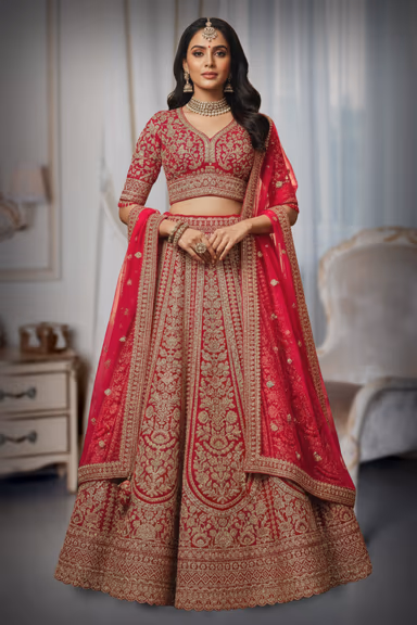 Ornate Crimson Silk Lehenga with Intricate Gold Zari and Resham Hand-Embroidery — view 2 of 2