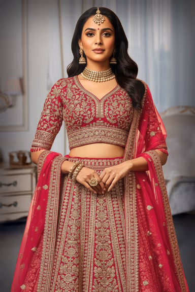 Ornate Crimson Silk Lehenga with Intricate Gold Zari and Resham Hand-Embroidery — view 1 of 2