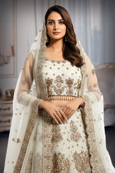 Ornate Ivory Silk-Blend Lehenga with Scalloped Border and Dense Antique Zardosi Embroidery. — view 1 of 2