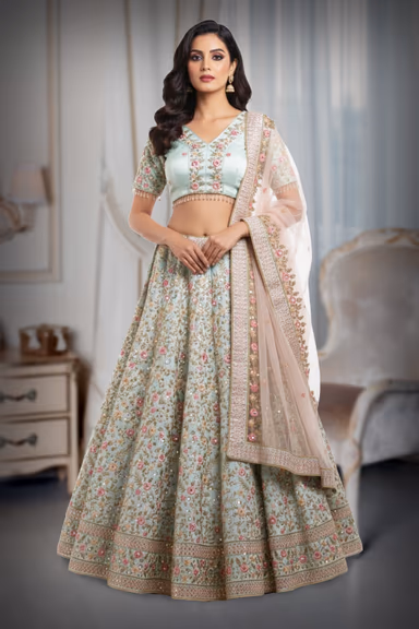 Pale Blue Lehenga Set Showcases Heavy Thread Work Throughout The Skirt Paired With A Matching Embroidered… — view 2 of 2