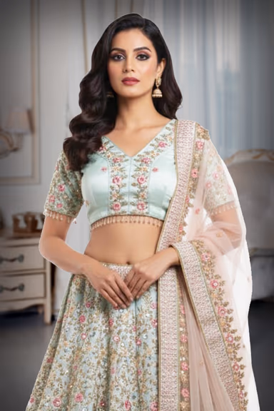 Pale Blue Lehenga Set Showcases Heavy Thread Work Throughout The Skirt Paired With A Matching Embroidered… — view 1 of 2