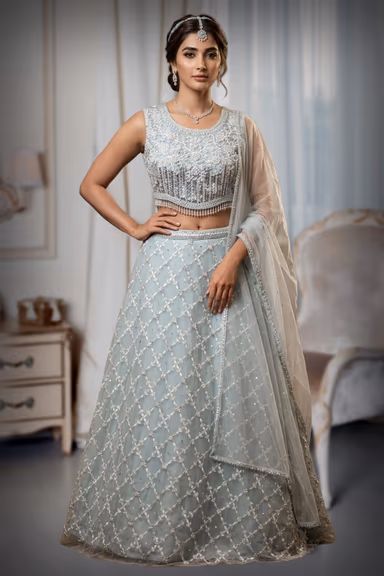 Pastel Blue Net Lehenga With Threadwork Details All Over The Skirt And Top Along With Same Color Dupatta — view 2 of 2