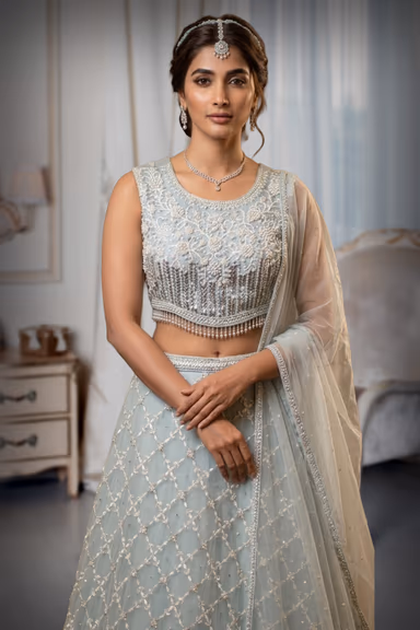 Pastel Blue Net Lehenga With Threadwork Details All Over The Skirt And Top Along With Same Color Dupatta — view 1 of 2
