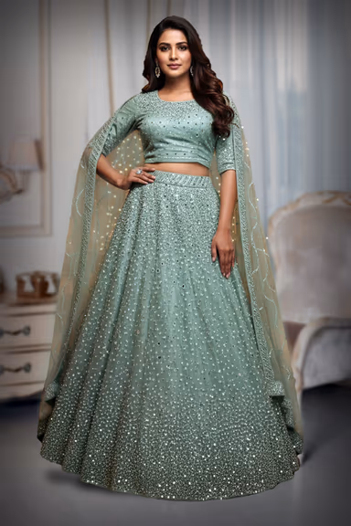 Pastel Green Net Lehenga with Heavy Mirror and Sequin Embellishments — view 2 of 2