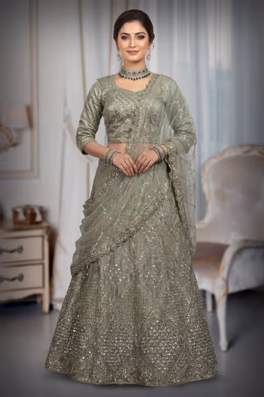 Pastel Green Net Lehenga With Stone Work Detailing With Crop Top Blouse And Same Color Dupatta — view 2 of 3
