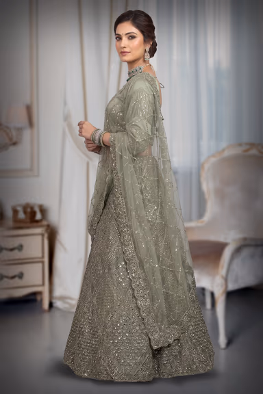 Pastel Green Net Lehenga With Stone Work Detailing With Crop Top Blouse And Same Color Dupatta — view 3 of 3
