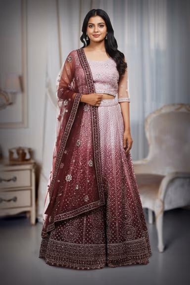Pastel Mauve Heavy Embellished Bridal Lehenga With Golden Stone And Purple Details On Skirt And Dupatta — view 2 of 2