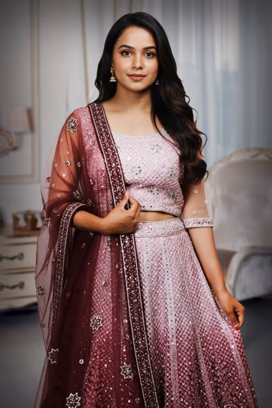 Pastel Mauve Heavy Embellished Bridal Lehenga With Golden Stone And Purple Details On Skirt And Dupatta — view 1 of 2
