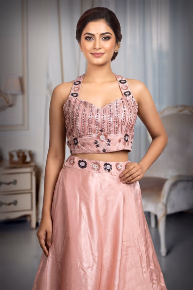 Pastel Mauve Tissue Silk Lehenga With Heavy Stone Worked Blouse — view 1 of 4