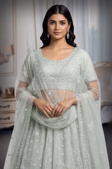 Pastel Mint Green Embellished Net Lehenga Choli with Dupatta — view 1 of 2