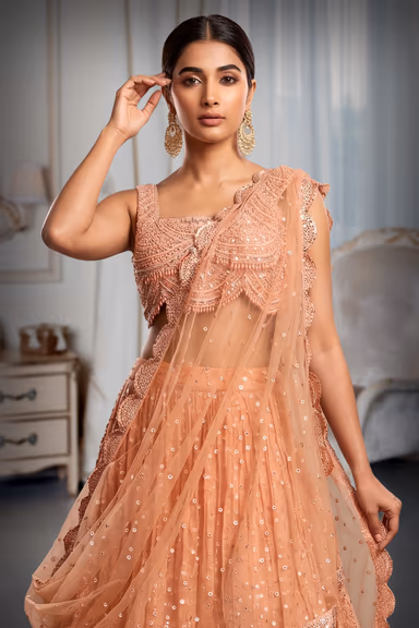 Pastel Peach Georgette  Heavy Worked Lehenga — view 1 of 3