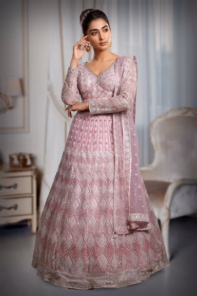 Pastel Peach Heavy Stone Worked Bridal Lehenga — view 2 of 3