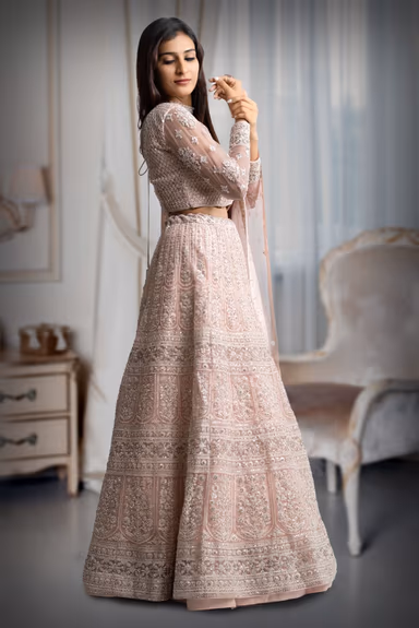 Pastel pink heavy thread work and jarkan work lehenga — view 3 of 5