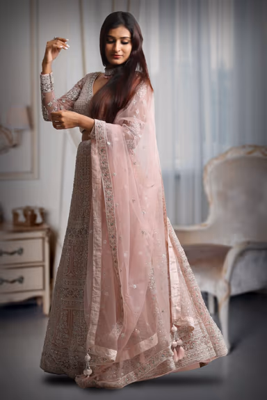 Pastel pink heavy thread work and jarkan work lehenga — view 4 of 5