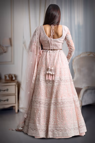 Pastel pink heavy thread work and jarkan work lehenga — view 5 of 5