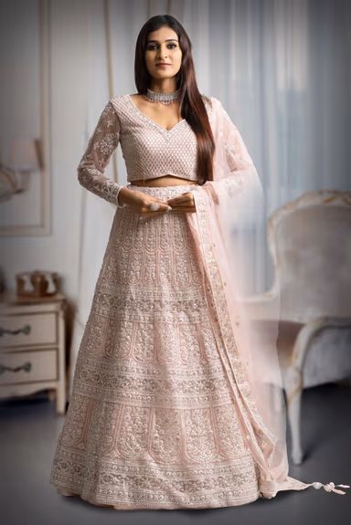Pastel pink heavy thread work and jarkan work lehenga — view 2 of 5