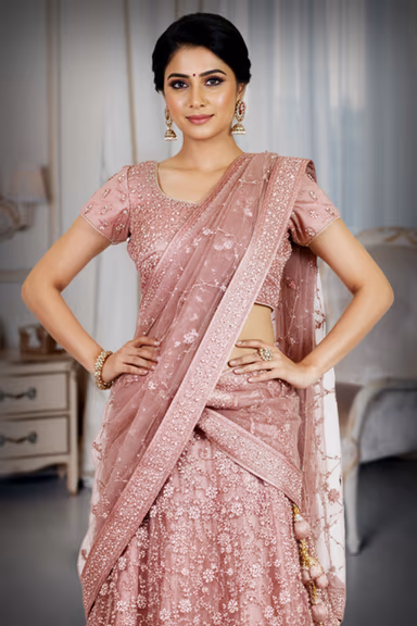 Pastel Pink Wedding Lehenga With Stone Work And Threadwork Details Along With Same Color Dupatta — view 1 of 4