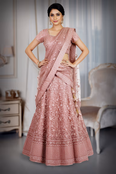 Pastel Pink Wedding Lehenga With Stone Work And Threadwork Details Along With Same Color Dupatta — view 2 of 4