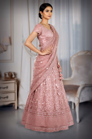 Pastel Pink Wedding Lehenga With Stone Work And Threadwork Details Along With Same Color Dupatta — view 3 of 4