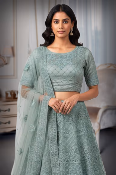 Pastel Sage Green Embroidered Net Lehenga Choli — view 1 of 2