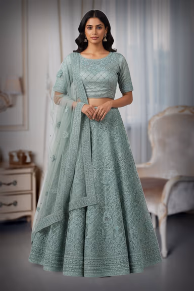 Pastel Sage Green Embroidered Net Lehenga Choli — view 2 of 2