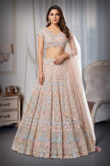 Pastel Shade Multi colour  cut Bead worked Peach lehenga along with thw dhupatta — view 2 of 2