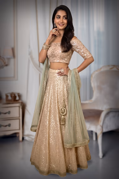 Peach Ensemble with Boat Neckline, Thread Work, Lace, and Stone Embellishments for Elegant Occasions — view 3 of 3