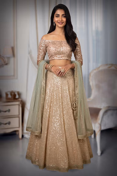Peach Ensemble with Boat Neckline, Thread Work, Lace, and Stone Embellishments for Elegant Occasions — view 2 of 3