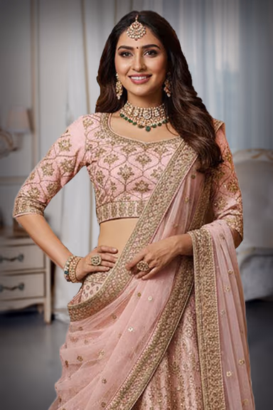 Peach Gold Embroidered Silk Lehenga with Traditional Blouse — view 1 of 2