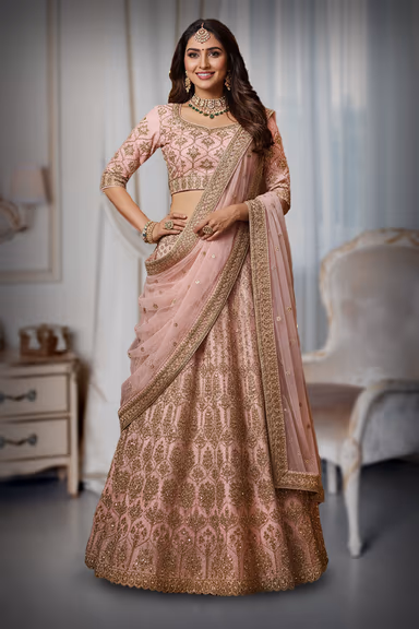 Peach Gold Embroidered Silk Lehenga with Traditional Blouse — view 2 of 2