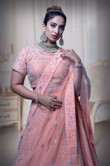 Peach Jaal Work Silk Lehenga — view 1 of 6