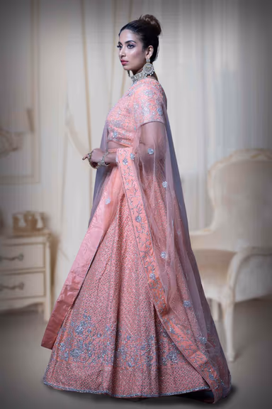 Peach Jaal Work Silk Lehenga — view 5 of 6