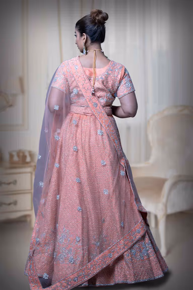 Peach Jaal Work Silk Lehenga — view 4 of 6