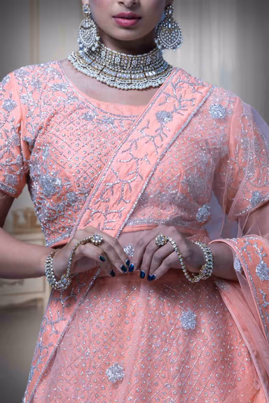 Peach Jaal Work Silk Lehenga — view 3 of 6