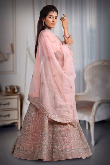 Peach  Jarkan stone net lehenga — view 4 of 5