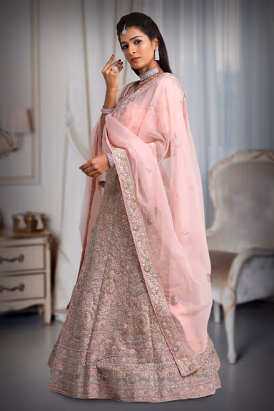 Peach  Jarkan stone net lehenga — view 3 of 5