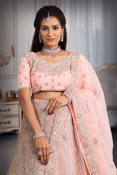 Peach  Jarkan stone net lehenga — view 1 of 5