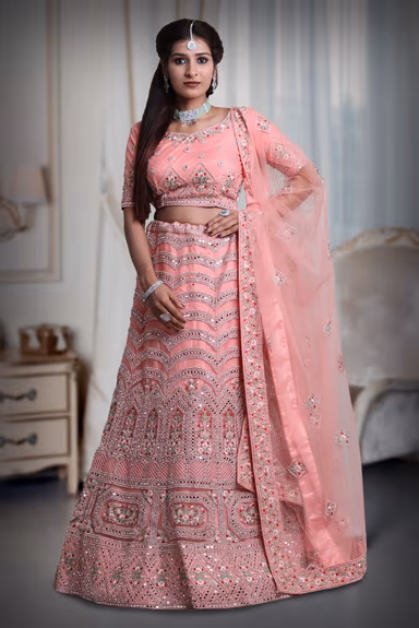 Peach pink embroidery work lehenga — view 2 of 5