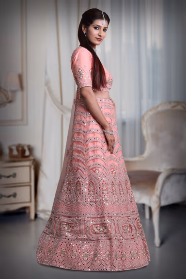 Peach pink embroidery work lehenga — view 4 of 5