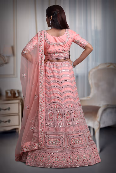 Peach pink embroidery work lehenga — view 5 of 5