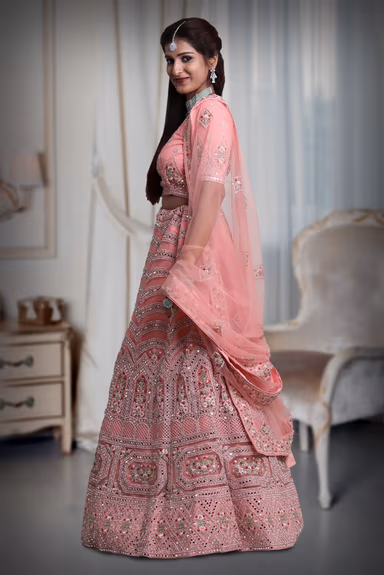 Peach pink embroidery work lehenga — view 3 of 5