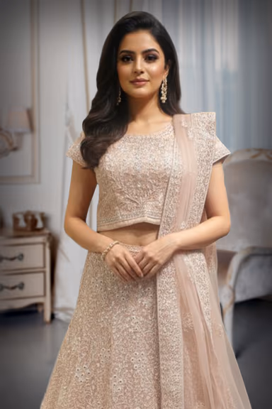 Peach Thread Worked  net fabric  embellished with Mirror and Stone Works — view 1 of 2