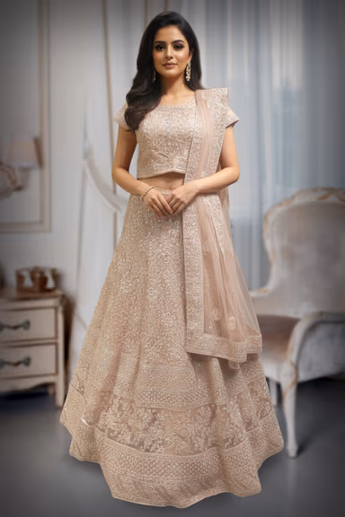 Peach Thread Worked  net fabric  embellished with Mirror and Stone Works — view 2 of 2
